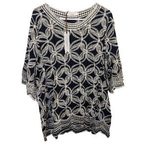 SOLITAIRE Navy Blue Tunic Top Embroidery Boho 3/4 Sleeve Plus Size 1X